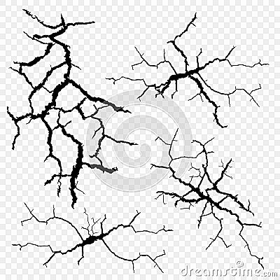 Vector set of cracks in the surface. The elements of a fault in the earth, isolated on a transparent background. Vector Illustration