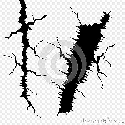 Vector set of cracks in the surface. The elements of a fault in the earth, isolated on a transparent background. Vector Illustration