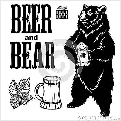 Vector set for craft beer - beer and bear in hand drawn style. isolated on white. Vector Illustration