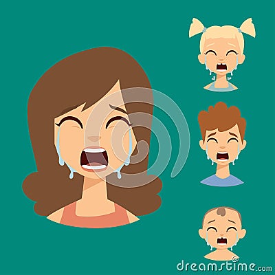 Vector set crying emoticons face of people fear shock surprise avatars characters illustration Vector Illustration