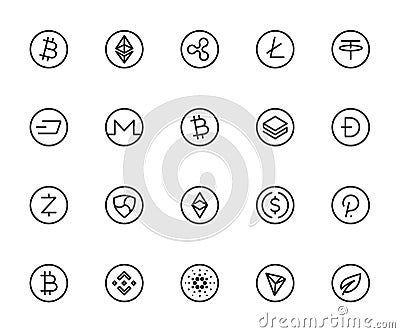Vector set of crypto currency line icons. Vector Illustration