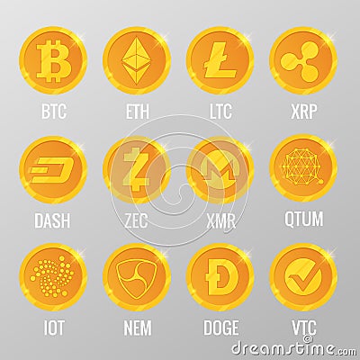 Vector set of Cryptocurrency gold coins with Bitcoin, ETH, LTC, XRP, DASH, ZEC, XMR, QTUM, IOT, NEN, DOGE, VTC. Digital Vector Illustration