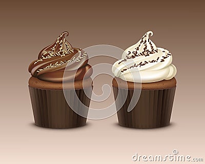 Vector Set of Cupcake with White Brown Chocolate Whipped Cream and Sprinkles Close up Isolated on Background Vector Illustration