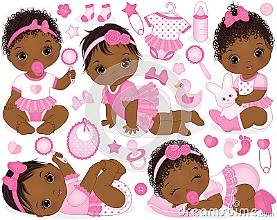 Vector Set with African American Baby Girls, Toys and Accessories Vector Illustration