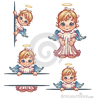 Vector set of cute angel with panel for text Vector Illustration