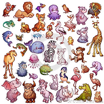 Vector set of cute animals for pets alphabet. Lion, rhino, giraffe and etc Vector Illustration