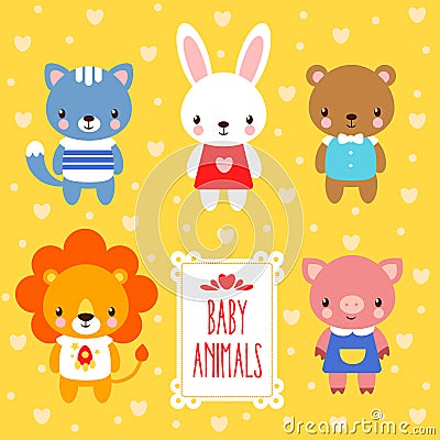 Vector set of cute baby animals. Cartoon Illustration