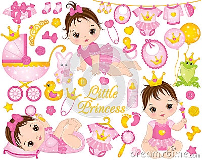 Vector Set with Cute Baby Girls Dressed as Princesses and Various Accessories Vector Illustration