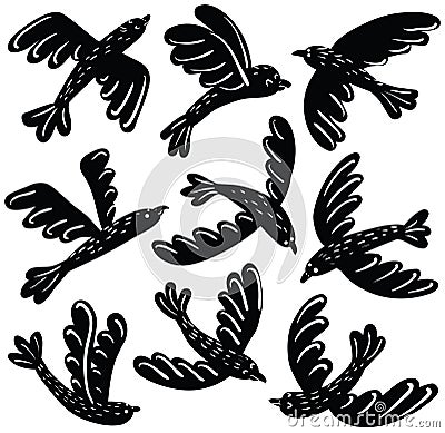 Vector set of cute black birds stickers Vector Illustration