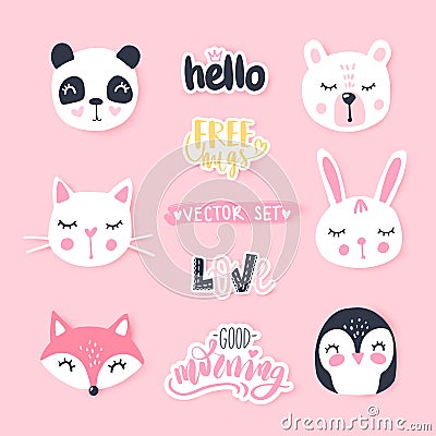 Vector set with cute cartoon animals - bear, panda, bunny, penguin, cat, fox. Vector Illustration