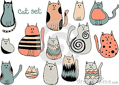 Vector set of cute cartoon cats. Collection of doodle kittens Vector Illustration