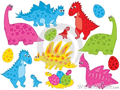 Vector Set of Cute Cartoon Dinosaurs and Eggs Vector Illustration