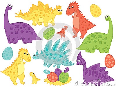 Vector Set of Cute Cartoon Dinosaurs and Eggs Vector Illustration