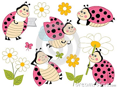 Vector Set of Cute Cartoon Ladybugs and Flowers Vector Illustration