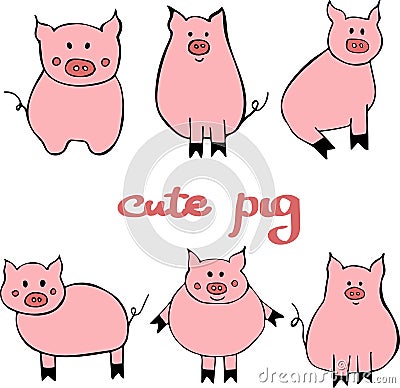 Vector set of cute cartoon pig. Illustration with the symbol of the new year 2019 Vector Illustration