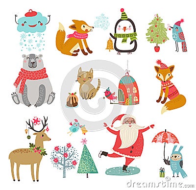 Vector set of cute characters. New year Christmas Winter Collection Vector Illustration