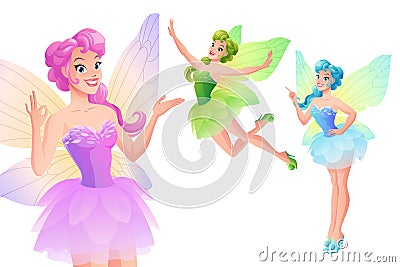 Vector set of cute colorful fairies with butterfly wings. Vector Illustration