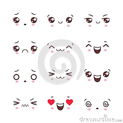 Vector set of cute doodle emoticons with facial expressions. Faces with emotions in anime style. Kawaii emoji icons Vector Illustration