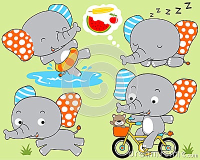 Vector set of cute elephants cartoon in different action Vector Illustration
