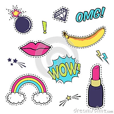 Vector set with cute fashion patch badges: lips, speech bubble, rainbow, stars, diamond, bomb, lipstick, banana isolated on white. Vector Illustration