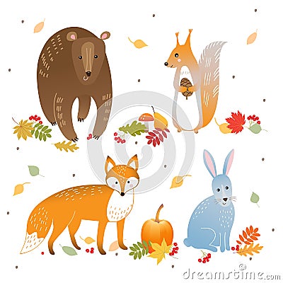 Vector set of cute forest animals: fox, bear, rabbit and squirrel. Autumn leaves, pumpkin, berries. Vector Illustration