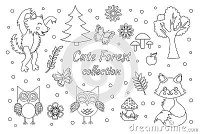 Vector set of cute forest elements sketch outline doodle style. Coloring book page for kids. Woodland animals fox, wolf, owls, Stock Photo