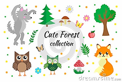 Vector set of cute forest elements. Woodland animals fox, wolf, owls, butterflies, mushrooms, flowers and trees Stock Photo