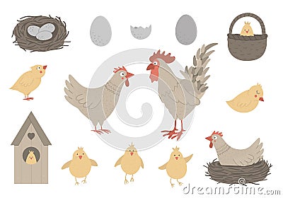 Vector set of cute funny hen and rooster with little chicks, eggs, nest. Spring or Easter funny illustration. Collection of design Vector Illustration