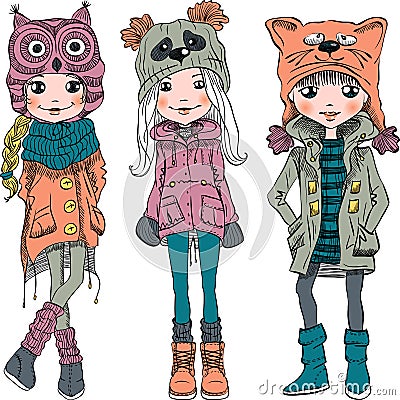 Vector set cute girls in funny hats Vector Illustration