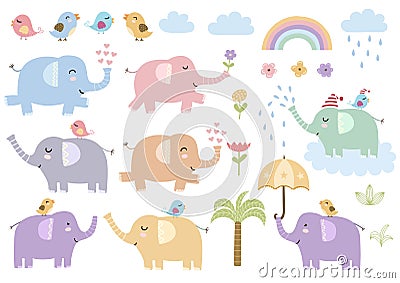 Vector set of cute isolated elephants Vector Illustration