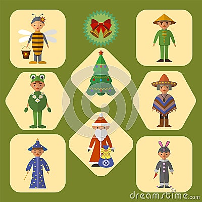 Vector set of cute kids in masquerade costumes, flat design Vector Illustration