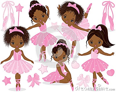 Vector Set with Cute Little African American Ballerinas Vector Illustration