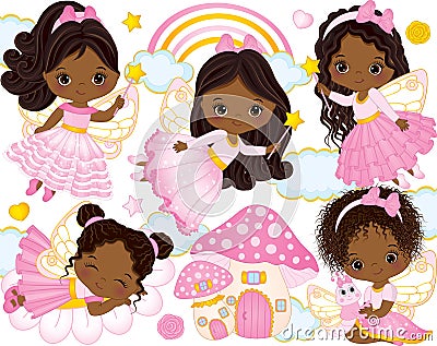 Vector Set with Cute Little African American Fairies and Nature Elements Vector Illustration