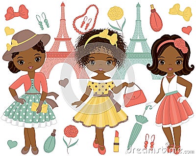 Vector Set with Cute Little African American Girls in Retro Style and Eiffel Tower Vector Illustration