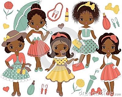 Vector Set with Cute Little African American Girls in Retro Style Vector Illustration