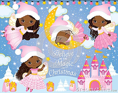 Vector Set with Cute Little Christmas Fairies, Castle and Winter Elements Vector Illustration