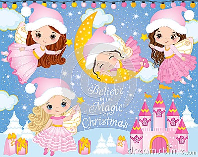 Vector Set with Cute Little Christmas Fairies, Castle and Winter Elements Vector Illustration