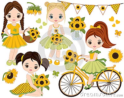 Vector Set with Cute Little Girls, Bicycle with Sunflowers Vector Illustration