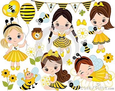 Vector Set with Cute Little Girls, Bees, Honey, Balloons and Flowers Vector Illustration