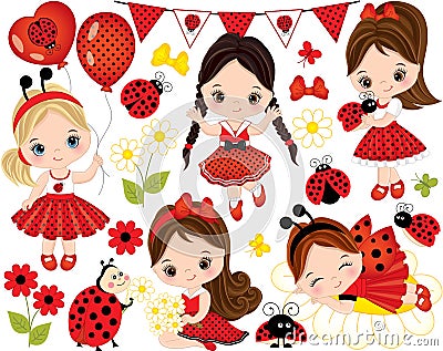 Vector Set with Cute Little Girls, Ladybugs and Flowers Vector Illustration