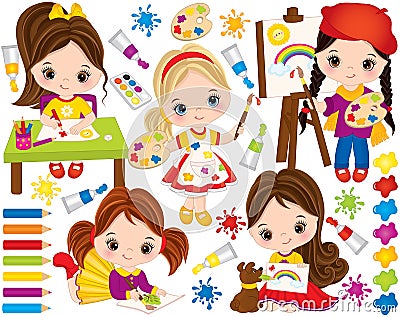 Vector Set with Cute Little Girls and Paint Elements. Vector Little Artists Vector Illustration
