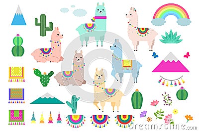 Vector set of cute llamas, alpacas and cactus collection elements Vector Illustration