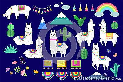 Vector set of cute llamas, alpacas and cactus collection elements Vector Illustration