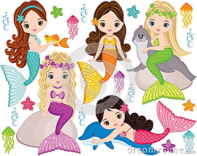 Vector Cute Little Mermaids with Marine Animals. Vector Mermaids Vector Illustration