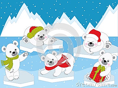 Vector Set of Cute Cartoon Christmas Polar Bears Vector Illustration