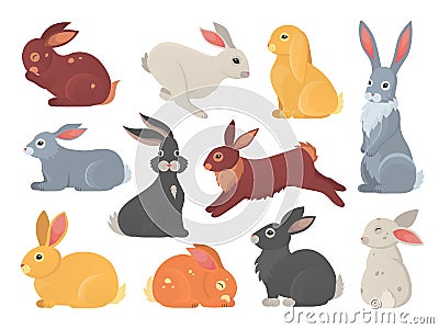 Vector set of cute rabbits in cartoon style. Bunny pet silhouette in different poses. Hare and rabbit colorful animals Vector Illustration