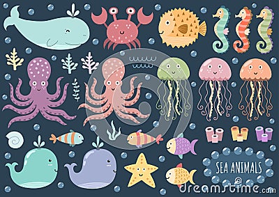 Vector set of cute sea animals. Underwater element Vector Illustration