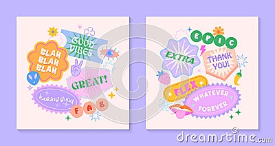 Vector set of cute templates with patches and stickers in 90s style Vector Illustration