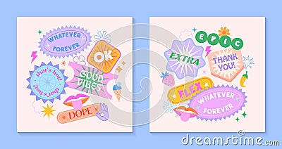 Vector set of cute templates with patches and stickers in 90s style Vector Illustration