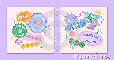 Vector set of cute templates with patches and stickers in 90s style Vector Illustration